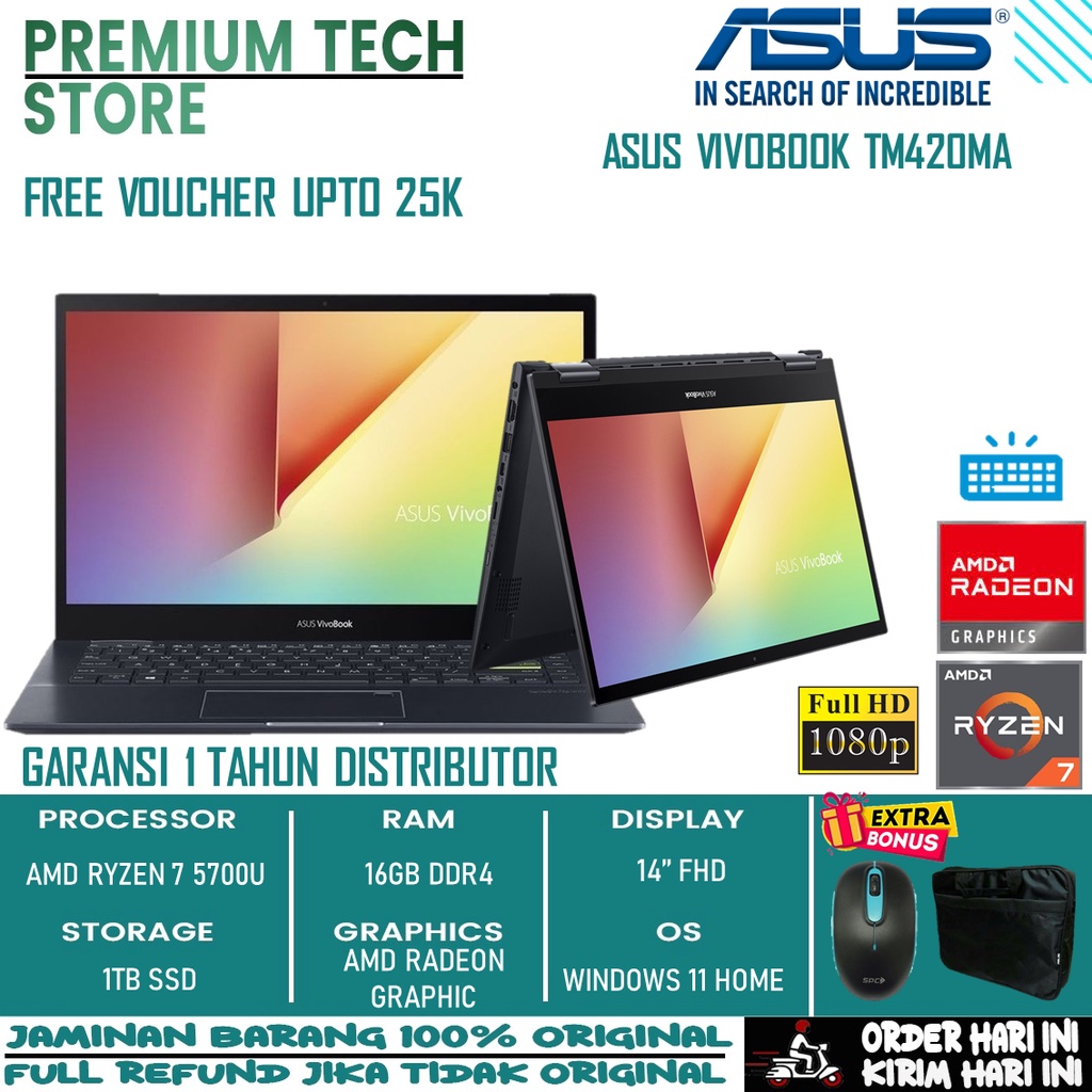 Laptop Touchscreen 2in1 ASUS VivoBook Flip 14 AMD Ryzen 7 5700U 16GB 1TB SSD FHD Windows 10 Home Original