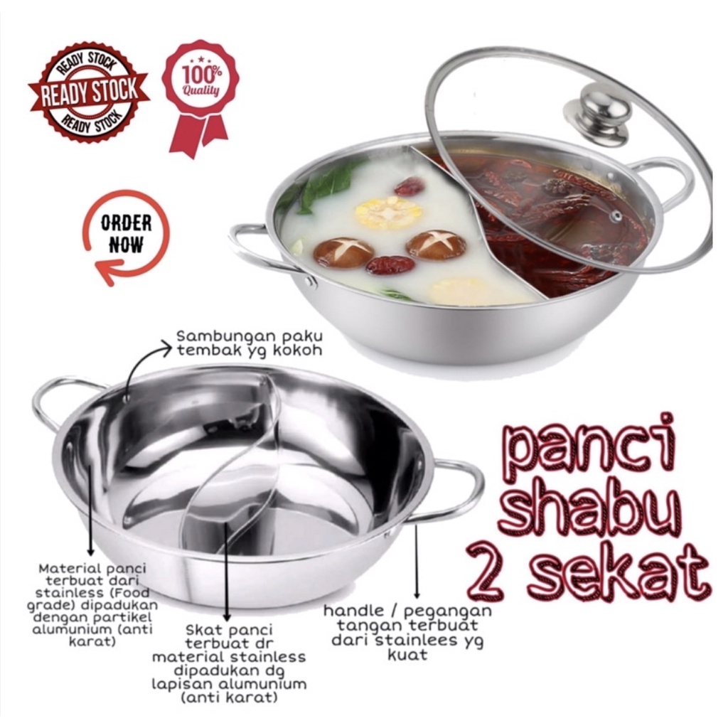 PANCI SHABU 2 SEKAT TUTUP KACA 28CM 30CM - PANCI HOT POT STAINLESS STEEL - STEAMBOAT REBUS - PANCI BUBUR 2 BAGIAN