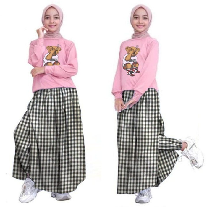 Gamis Anak Murah Baju Setelan Muslim Anak Perempuan Set Remaja Rok Celana Kotak Adly - Merah Muda K6