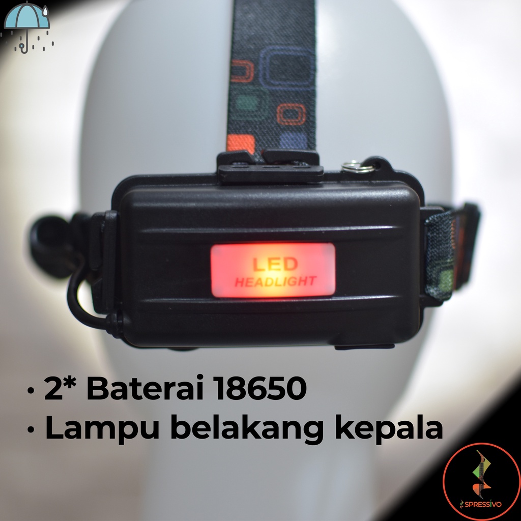 Senter kepala Headlamp 1 LED T6 + 2 COB camping baterai 18650