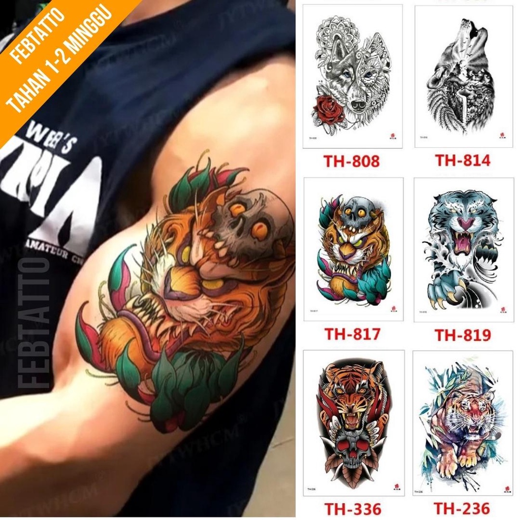 Tato Temporer Ukuran 21cmx15cm Motif Aesthetic Tatto Temporary Stiker Tato Halal Grosir Tato air motif macan, serigala TH 817