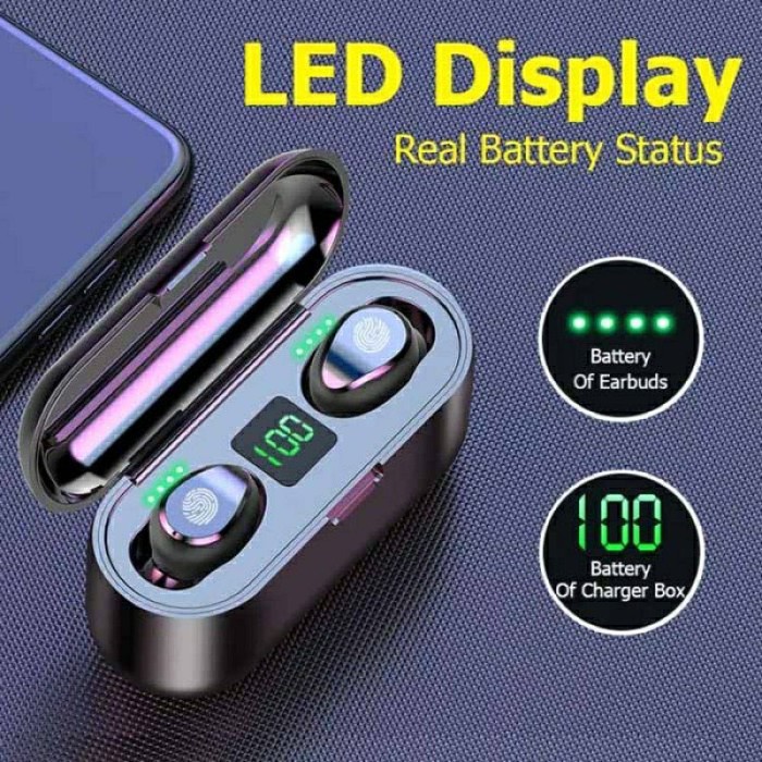 Headset TWS F9 5 Headphone Bluetooth Wireless Microphone Power Bank Berkualitas Best Seller PROMO Bl