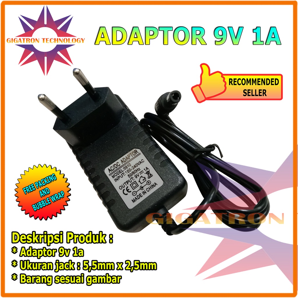 Adaptor DC 9V 1A Murni Switching Adapter Power Supply Charger 9 Volt 1 Ampere 5.5mm x 2.5mm / Ukuran Jack DC 5,5mm x 2,5mm