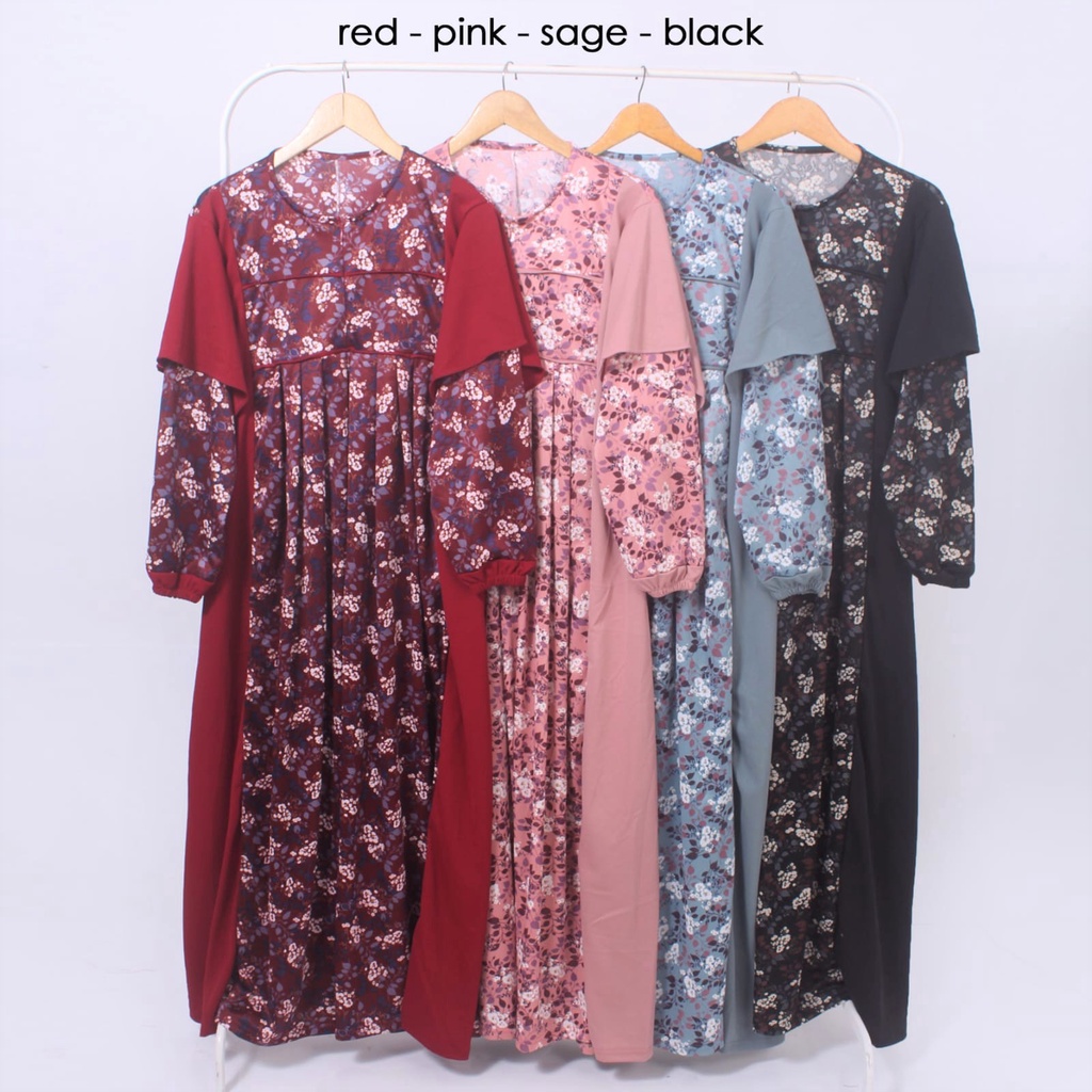 Gamis jumbo busui mayung plisket mewah motif bunga lengan balon bahan voxy premium merk hf (208)