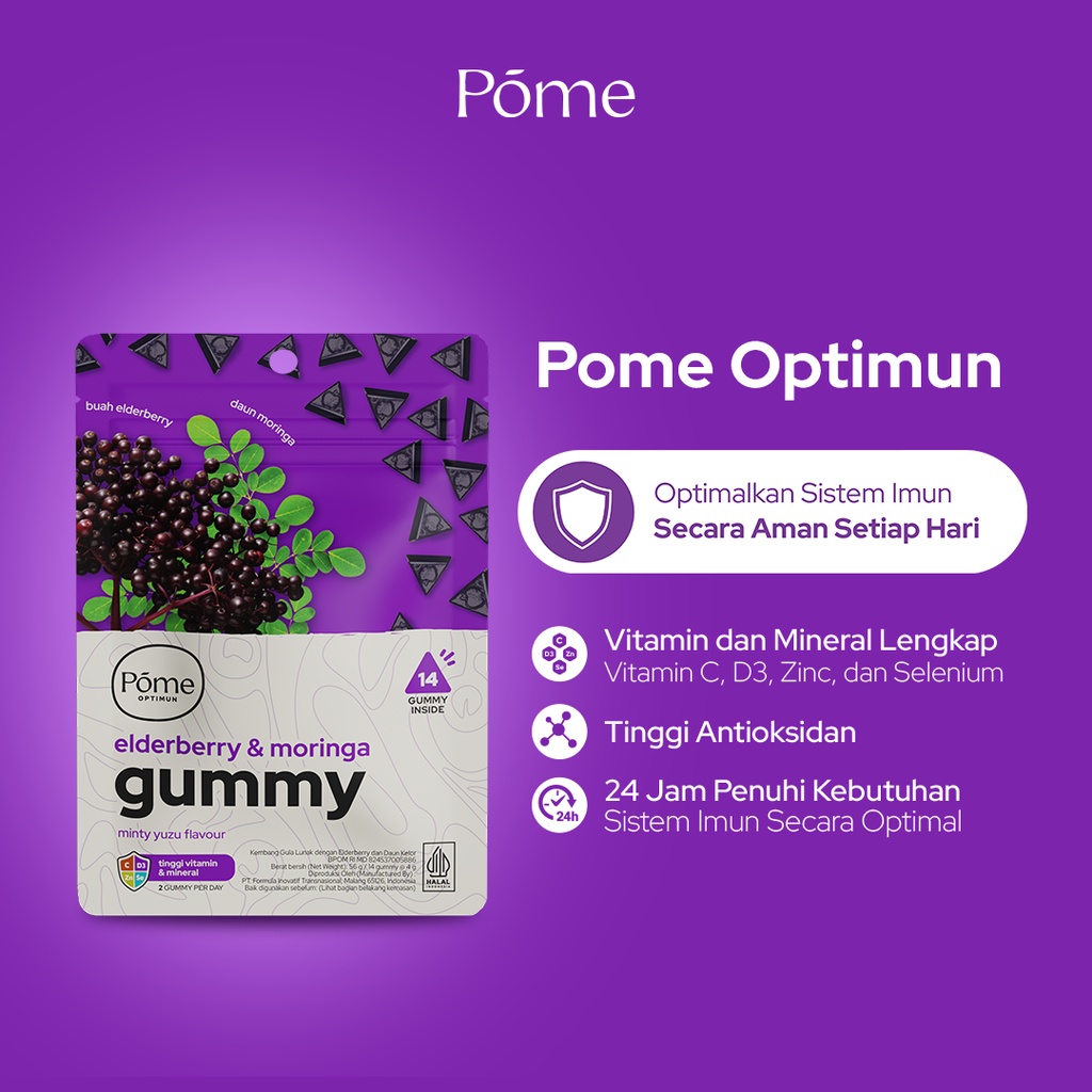 Pome Optimun 1 Pouch - Elderberry &amp; Moringa Gummy dengan Vit. C, Vit D, Zinc, dan Selenium