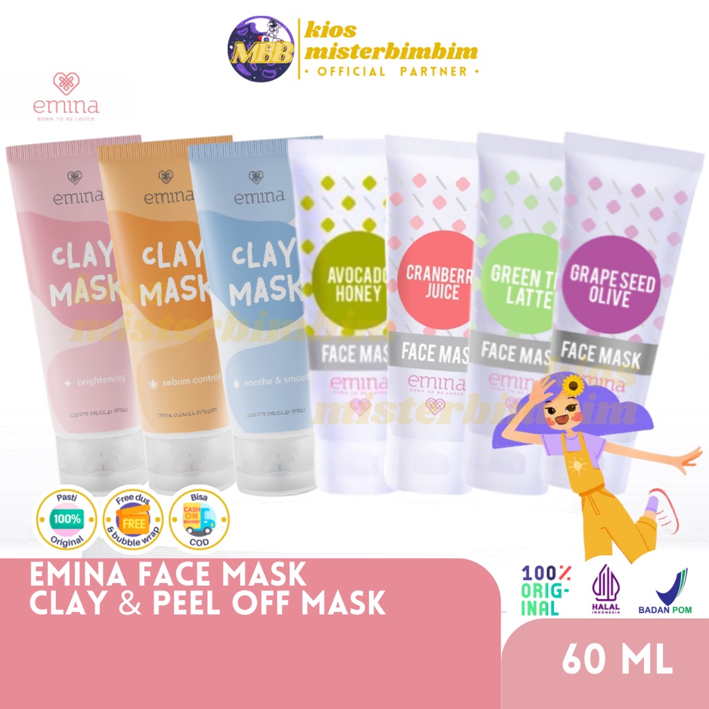 Emina Clay Mask Face Mask 60ML Brigtening Sebum Control Soothe Smooth / Perawatan Wajah Masker Wajah Avocado Cranberry Green Tea Grape Seed