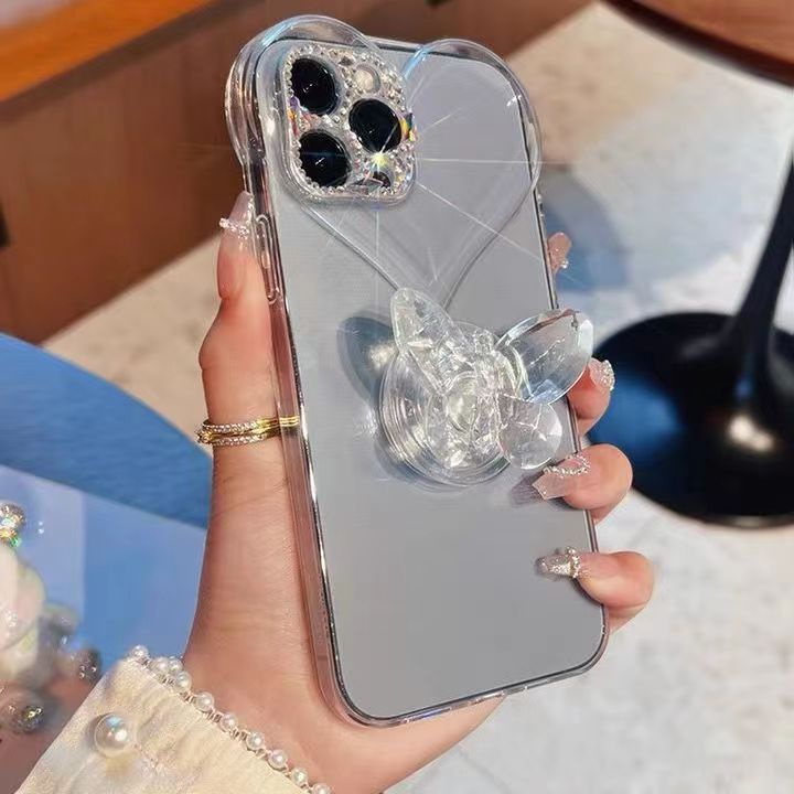 3d Crystal Butterfly Bear Dudukan Ponsel Transparan Butterfly Grip Tok Untuk 13 Pro Max Samsung Xiaomi Handphone Griptok