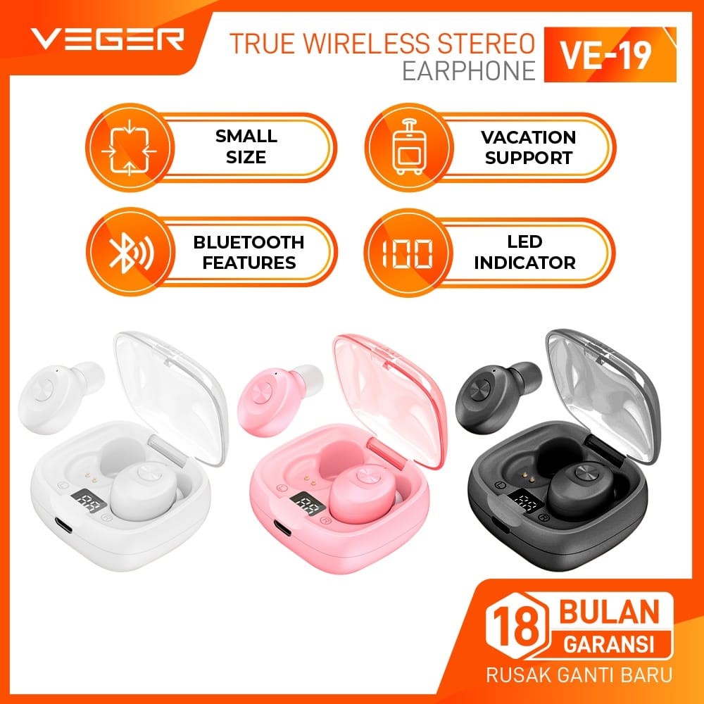 8K7V Veger Ve-19 Wireless Headset Earphone Bluetooth 5.0 Tws Earbuds Original Veger