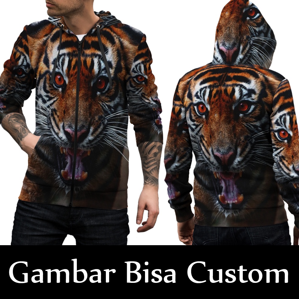 Jaket Harimau / Jaket Gambar Harimau / Jaket Zipper Hoodie Harimau Tiger / Jaket Macan / Jaket Harim