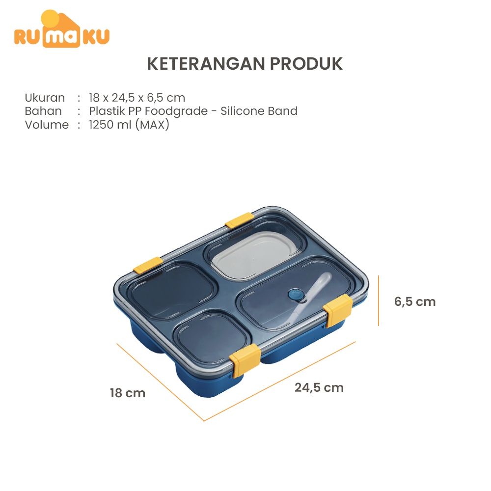 Rumaku Kotak Makan Tempat Makan Lunchbox Bekal Anti Tumpah 3/4 Grid dengan Kotak Sup dan Free Sendok 850ml/1250ml