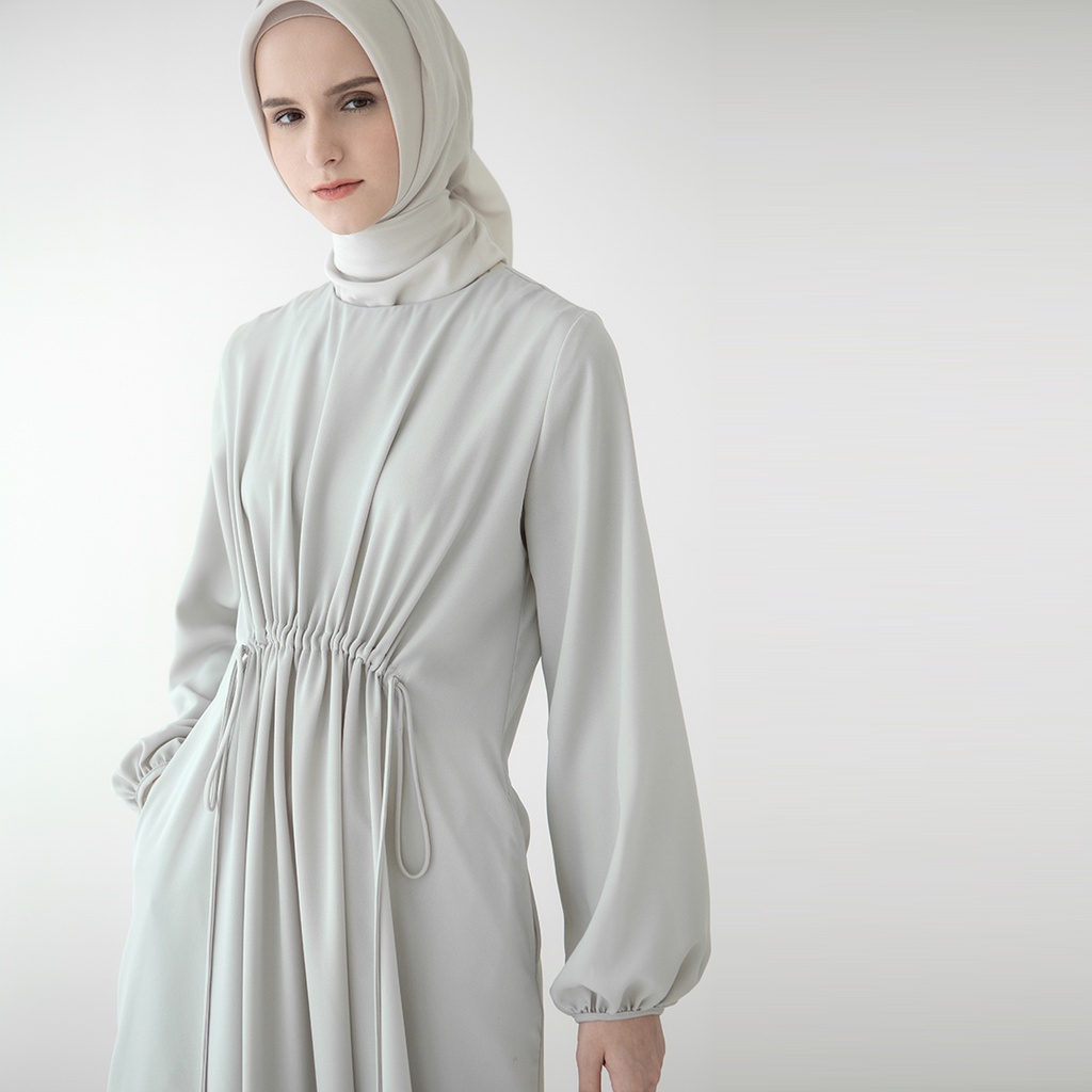 Adara by Aska Label - Gamis dress Muslim wanita kaftan lengan panjang bahan crepe warna hijau sage aloe, abu, beige coklat