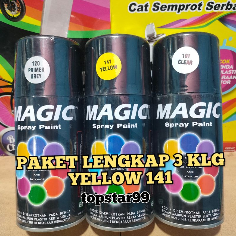 Pilok Pilox Cat Semprot Magic Paket Lengkap 3 Kaleng 300cc Paketan Kuning Yellow 141 Primer Grey Epoxy 120 Clear Pernis Glossy Mengkilap 101 Spray Paint