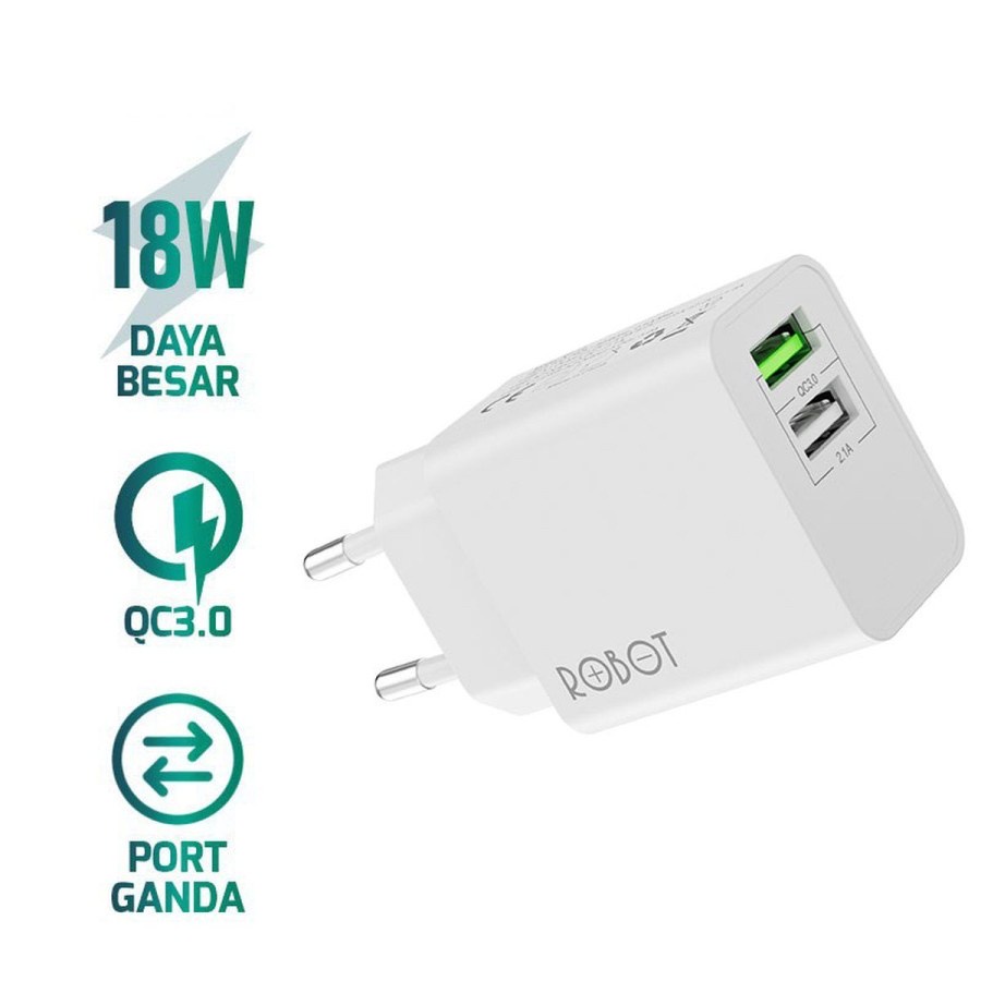 ROBOT RT-F4 Travel Charger Adaptor Dual USB Port 3A Quick Charger QC3.0 Android - Garansi Resmi 1 Tahun