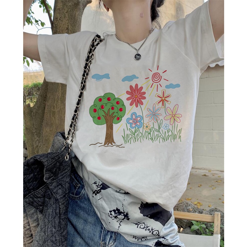 EUNII T-shirt Lengan Pendek Cartoon Landscape Korean Style/Kaos Atasan Wanita/Baju Kaus Oversize Wanita/Kaos Wanita