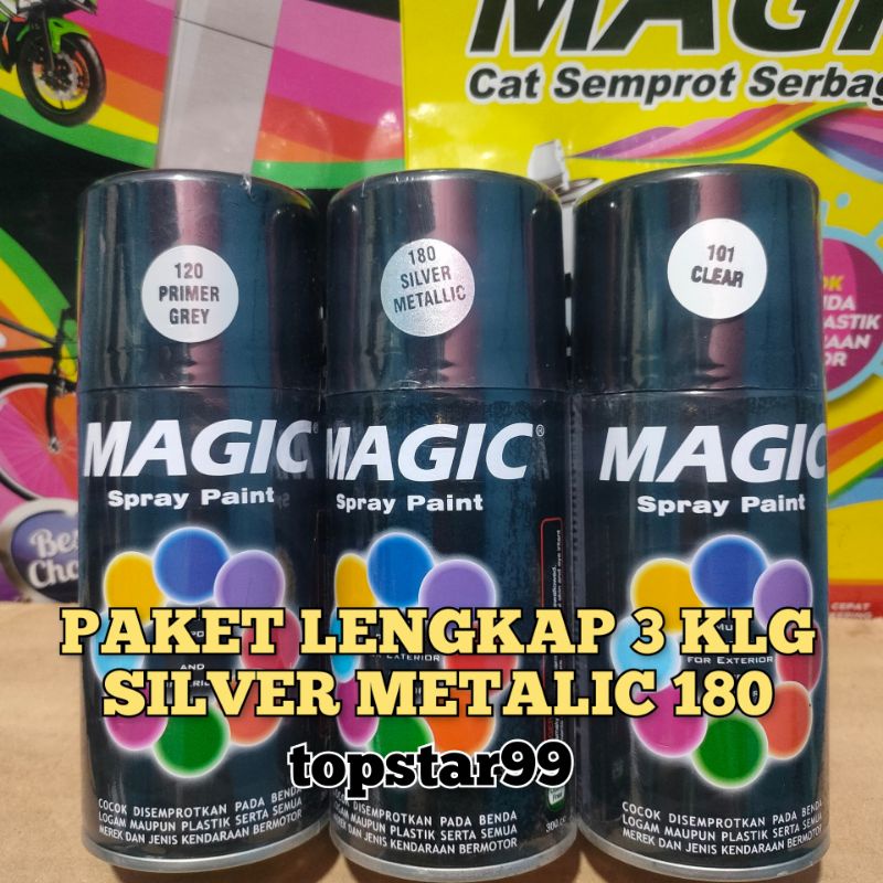 Pilok Pilox Cat Semprot Magic Paket Lengkap 3 Kaleng 300cc Paketan Silver Metalic Metalik 180 Primer Grey Epoxy 120 Clear Pernis Glossy Mengkilap 101 Spray Paint