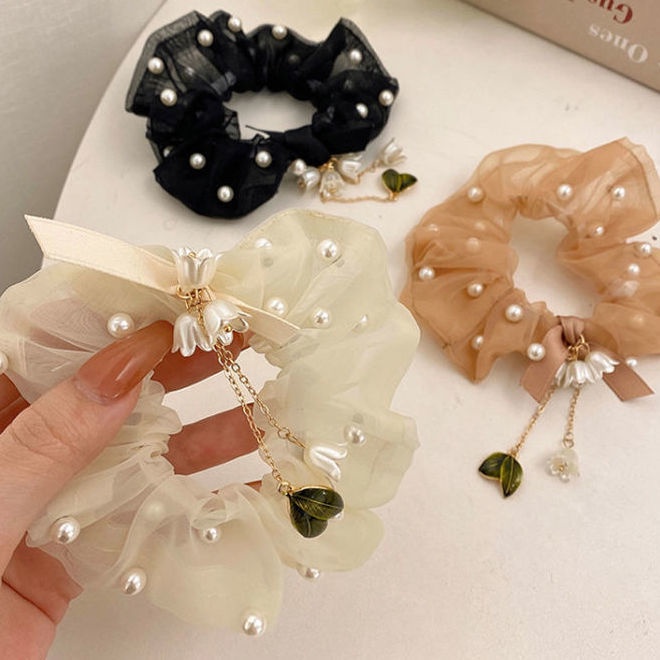 Caliloops Scrunchies Karet Ikat Rambut Bunga Tille Mutiara Korea Linet