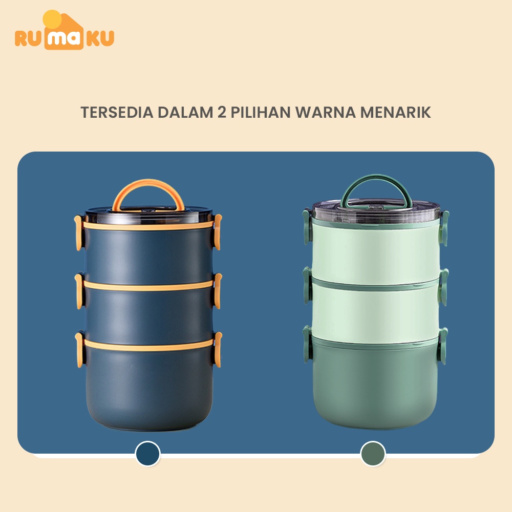 Rumaku Kotak Makan Tempat Makan Bekal Lunchbox Rantang Bulat 3 Tingkat 2200 ml Anti Bocor Free Sendok BPA FREE