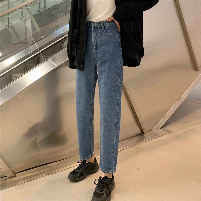 EUNII Celana Panjang Pants Wanita Jeans Straight Cropped Jeans High Waist Korean Style