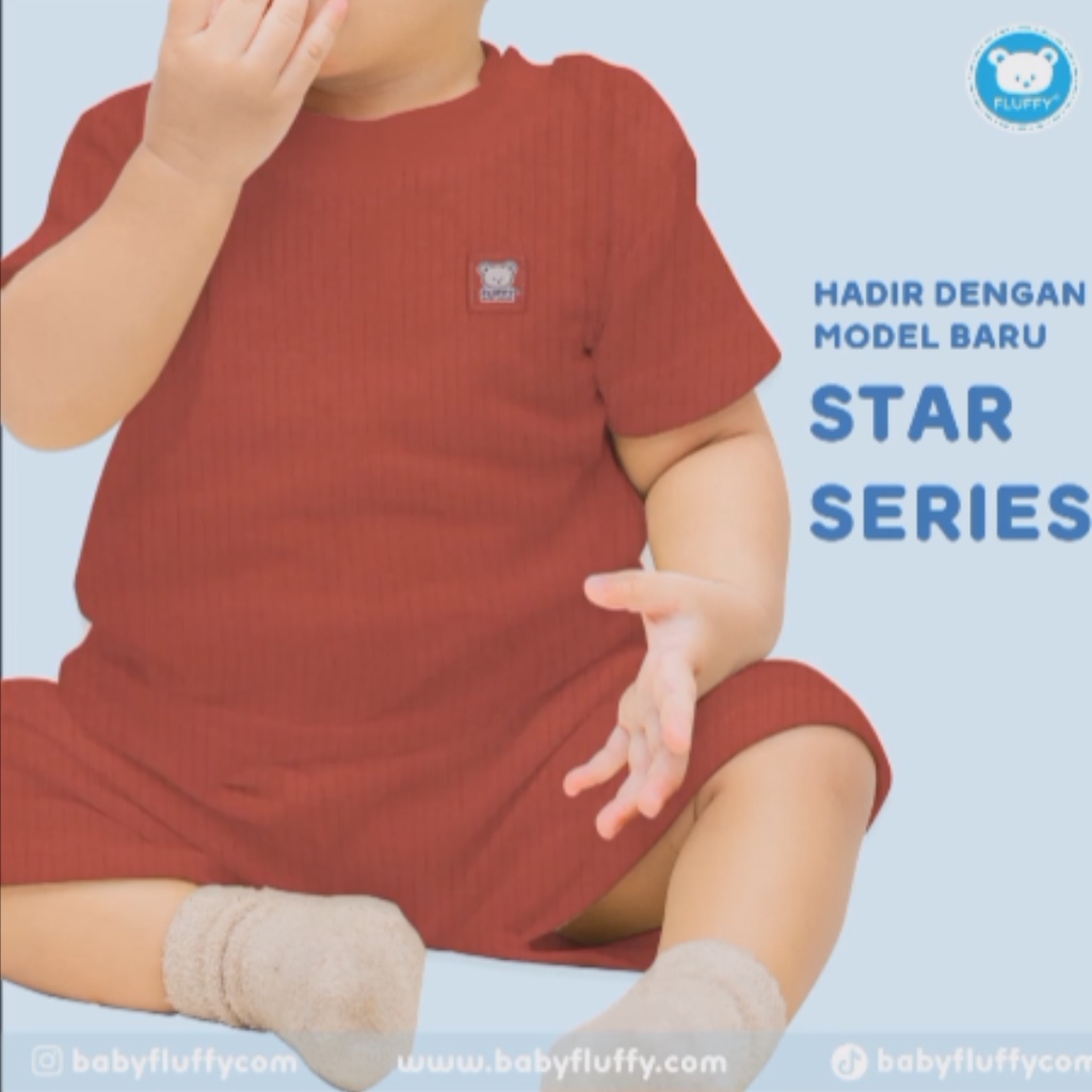 FLUFFY Stelan Pendek | Panjang Bis Motif Star Merah Size S | M | L (3 stel/pack)