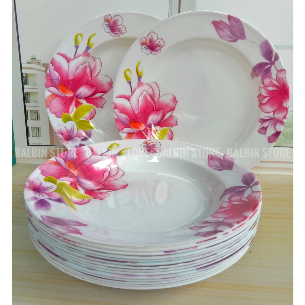 12 PCS | 1 LUSIN PIRING 9.&quot;SEMI MELAMINE MEYSHING MOTIF MAWAR UNGU &quot; FOOD GRADE