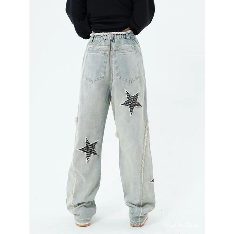[✅BISA COD] #Sisjuly# Celana jins lurus bersulam bintang vintage Amerika wanita dengan pinggang ting