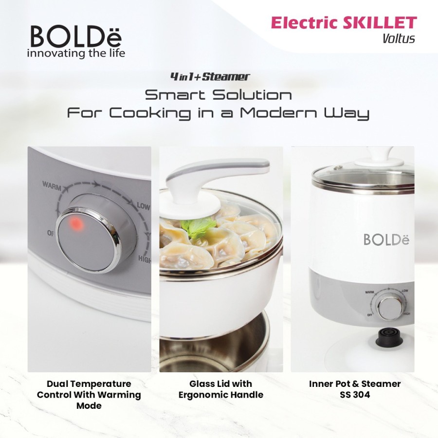 BOLDe Electric Skillet Voltus 1,8 Liter Panci Kukus Rebus Steamer Stainless Steel Anti Karat Serbaguna