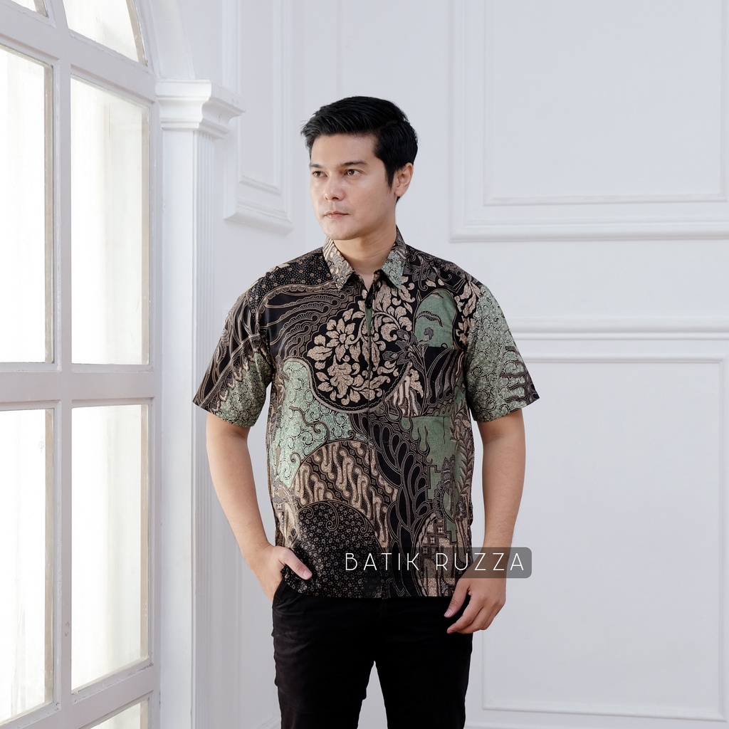 RUZZA Batik Pria Lengan Pendek Motif Kembang Langit Sogan Kemeja Cowok Dewasa Size M L XL