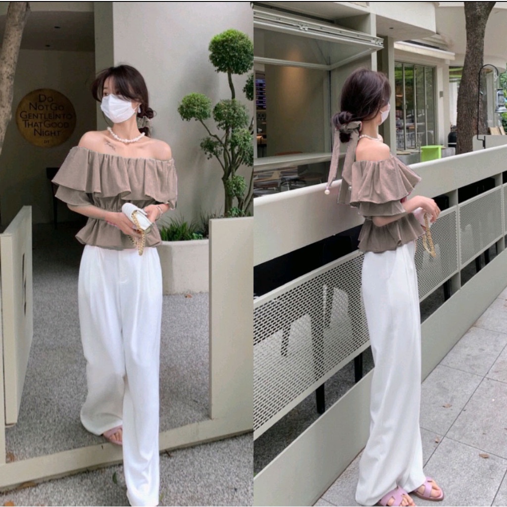 Atasan Sabrina Wanita Off Shoulder Lengan Pendek Bahan Adem Free Bando 934