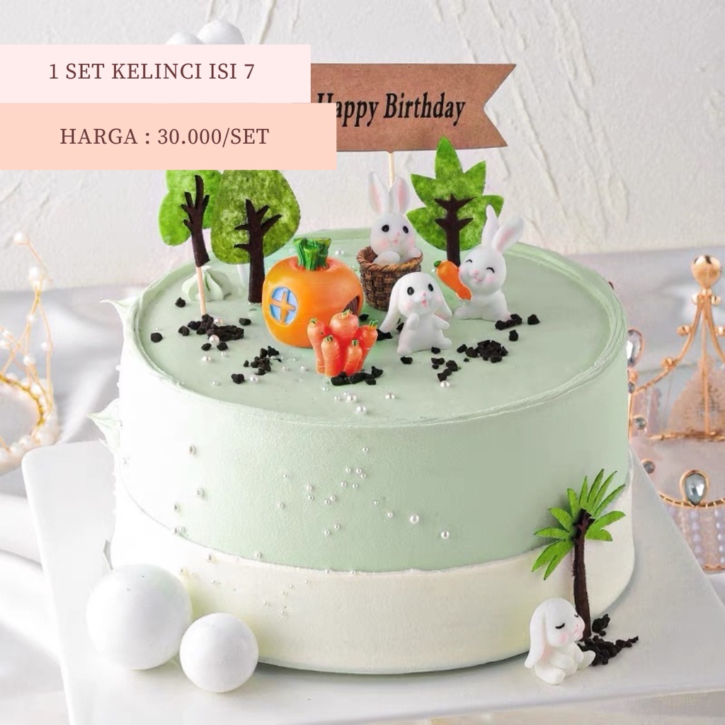 [1 SET ISI 7] MINIATUR KUE TART KELINCI BUNNY PUTIH CARROT WORTEL HIASAN CAKE CUPCAKE FLOWER DOME PAJANGAN BONEKA KECIL MINIATUR MINI HELLO BUNNY