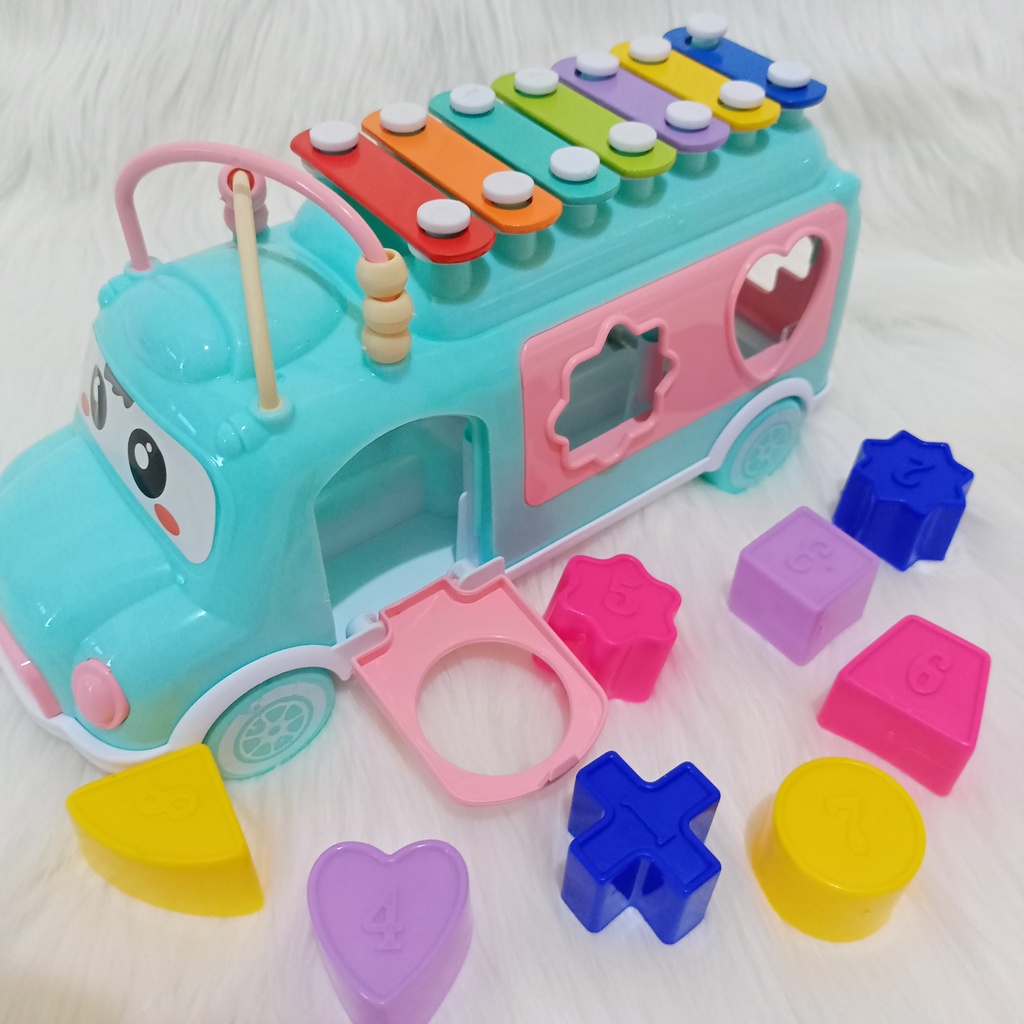 Mainan anak music bus xylophone 3 in 1/mainan edukasi happy bus puzzle xylophone shape sorting