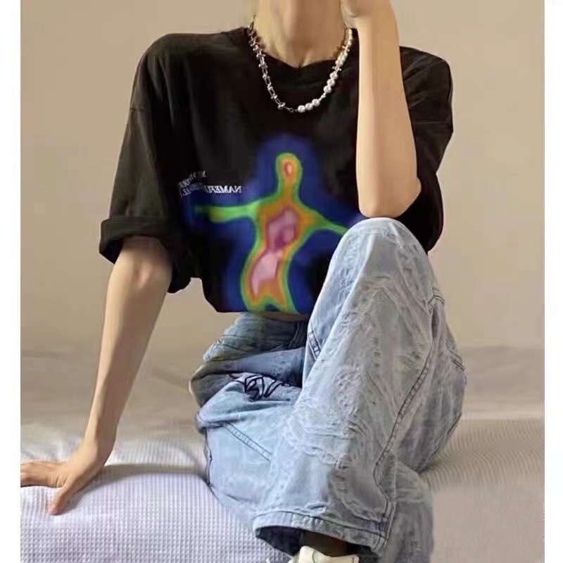 atasan wanita kekinian korean style baju kaos wanita lengan pendek character graffiti print T-shirt kaos hitam ootd
