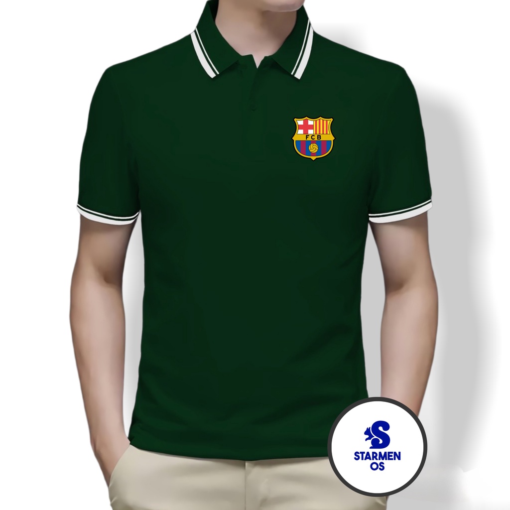 Kaos Polo Shirt Pria Kerah List Putih logo BARCELONA FCB