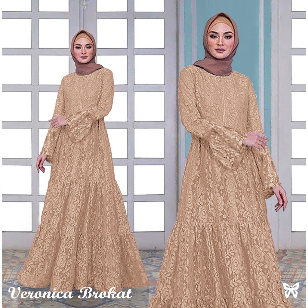 HOPYLOVY - Gamis Brukat Lapis Furring Wanita Kancing Depan Maxi Veronica