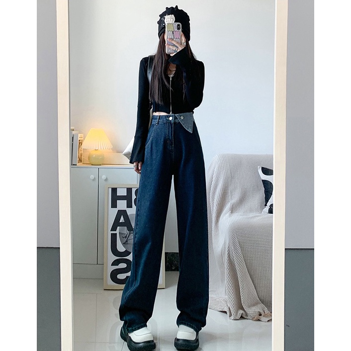 Celana Jeans Panjang Wanita Retro Desain Tombol Loose Wide Leg High Waist Jeans Korean Style