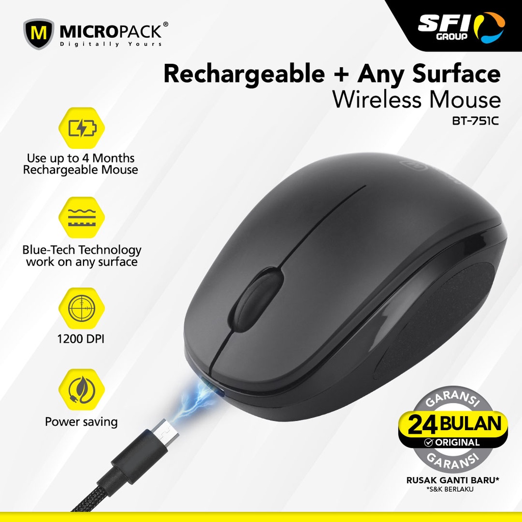 100% ORIGINAL MICROPACK RECHARGEABLE MOUSE BLUE TECH WIRELESS BLUE TECH 1200 DPI POWER SAVING - (BT-