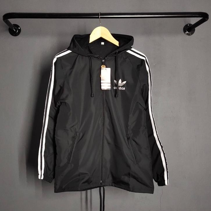STOK TERBATAS Jaket Pria Parasut Adidas Windbteaker Hitam List Putih XL XXL - Jaket Parsut Jumbo - J