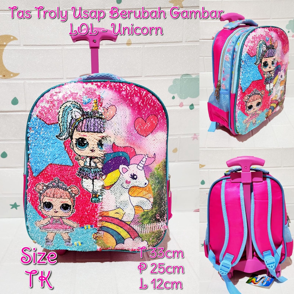 Tas Sekolah Troli Anak SD dan TK Motif Sofia Unicorn Frozen Timbul 3D Tas Import Trolley Anak Perempuan Tas Dorong Anak Koper Sekolah