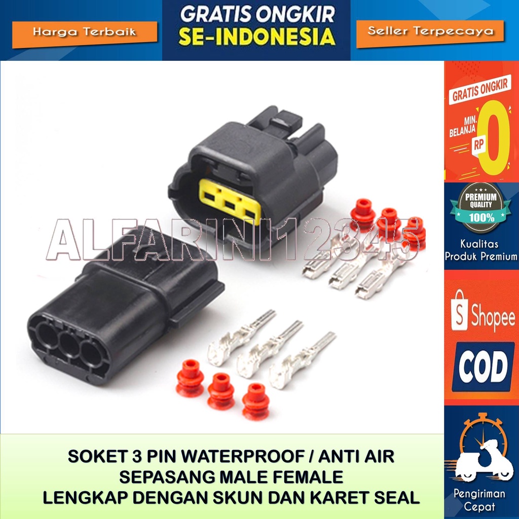 SOKET KONEKTOR CONNECTOR 3 PIN WATERPROOF ANTI AIR MOTOR MOBIL MALE FEMALE KABEL SOKET 3 PIN - Soket