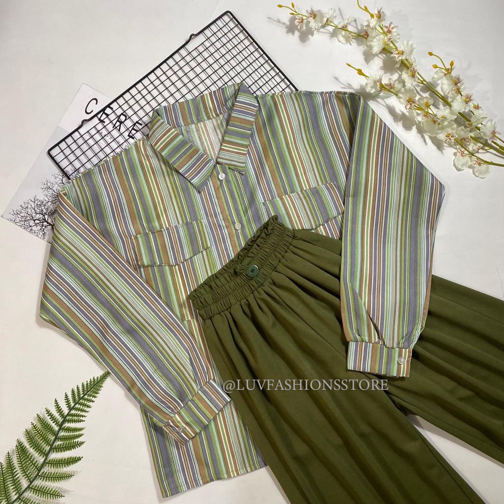 IL - SETELAN WANITA KEMEJA SALUR / ONE SET ATASAN WANITA STRIPE / KULOT 2 KANCING CREPE