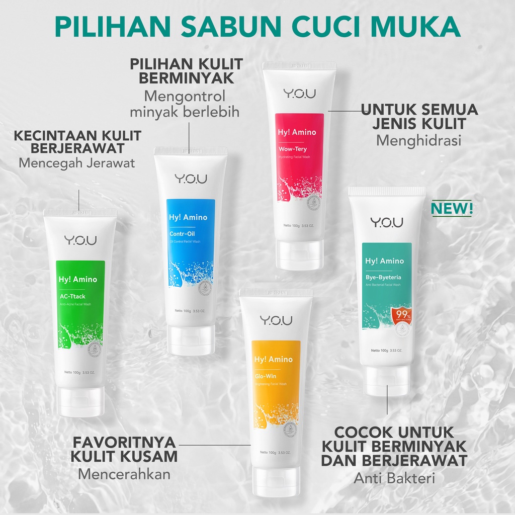 YOU Hy! Amino Facial Wash Attack Anti Acne / Wow Tery Hydrating / Glowin Brightening / Control-Oil/ BYE-BYETERIA- YOU FACE WASH / PEMBERSIH WAJAH