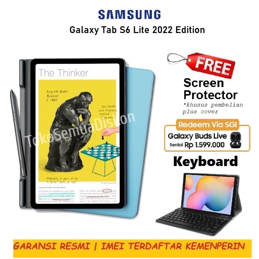 Samsung Galaxy Tab S6 Lite 2022 Garansi Resmi SEIN S-Pen Stylus Keyboard 4/128GB Wifi+LTE 128 GB ROM 4GB RAM 10.4 Inch Tablet Android 13 Snapdragon 720G P619 Cellular 4G USB Type-C Fast charging Original Free Bonus Bundling Buds Live