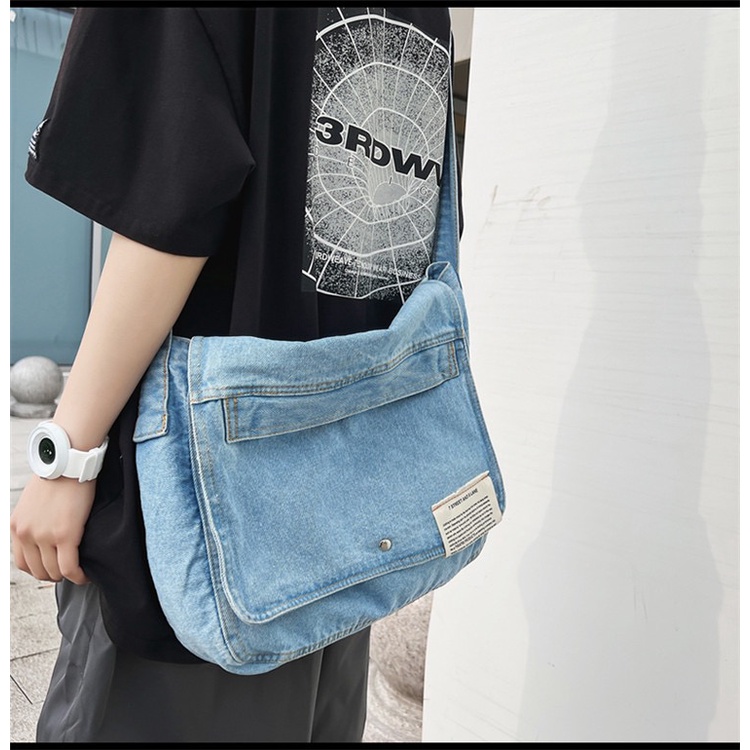 Keno Denim Korean Jeans Slingbag Kasual Plain Unisex -Tas Wanita Pria Casual Import Medium size Streetstyle