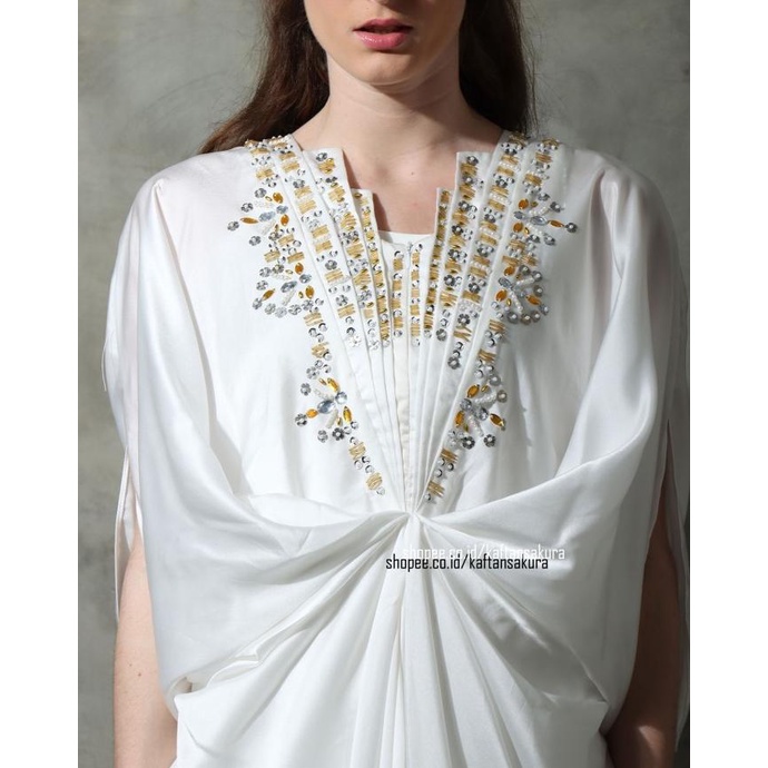 Kaftan Payet Saten Modern Gamis Kaftan Pesta Mewah Busui Putih