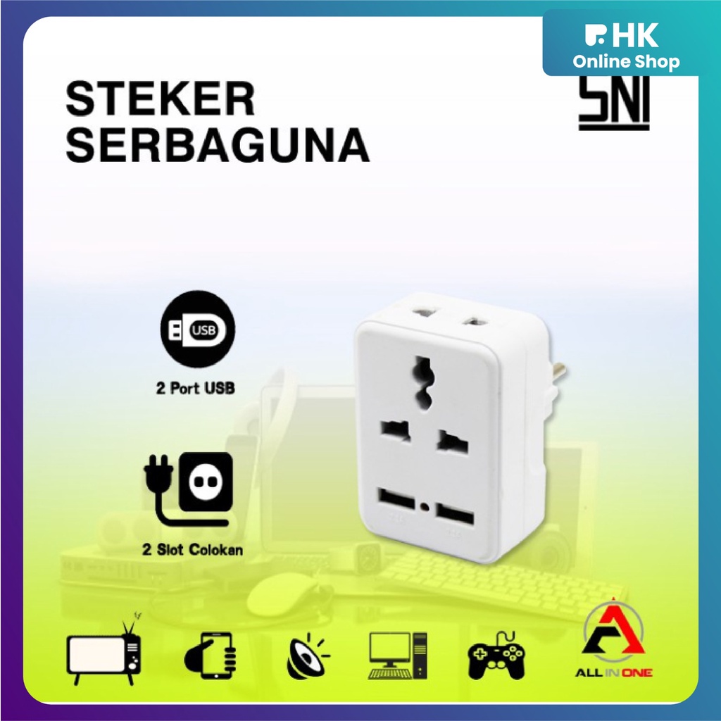 HK-Steker T Serbaguna 2 Lubang + 2 Port USB / Steker Usb