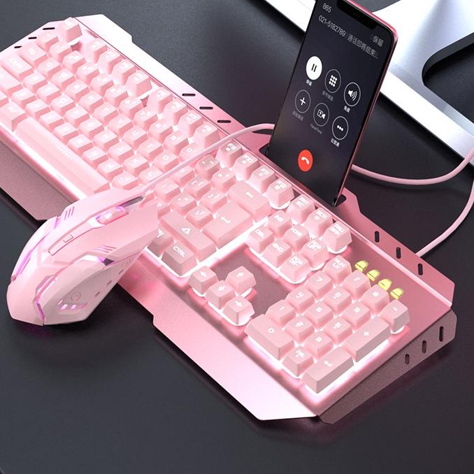 ♠ Pink Girl Cute Backlight Gaming Keyboard dan Mouse Combo Mechanical Feel Mekanikal external Gamer 