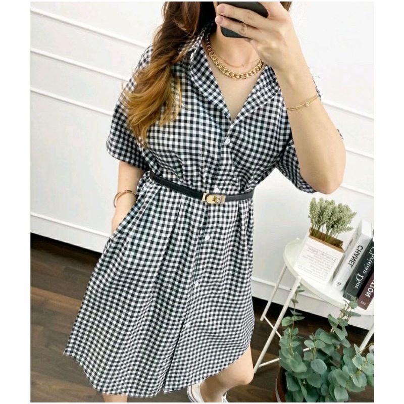 Pevita Dress Tunik Panjang Kemeja Wanita Fashion Korea Kotak Kotak Biru Hitam Tangan Pendek Cotton V