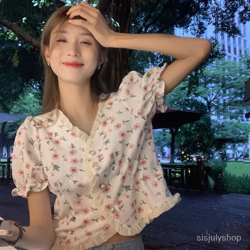 Floral Short Top Chic Shirt Summer Loose N-Neck Lengan Pendek Kemeja Tipis Wanita