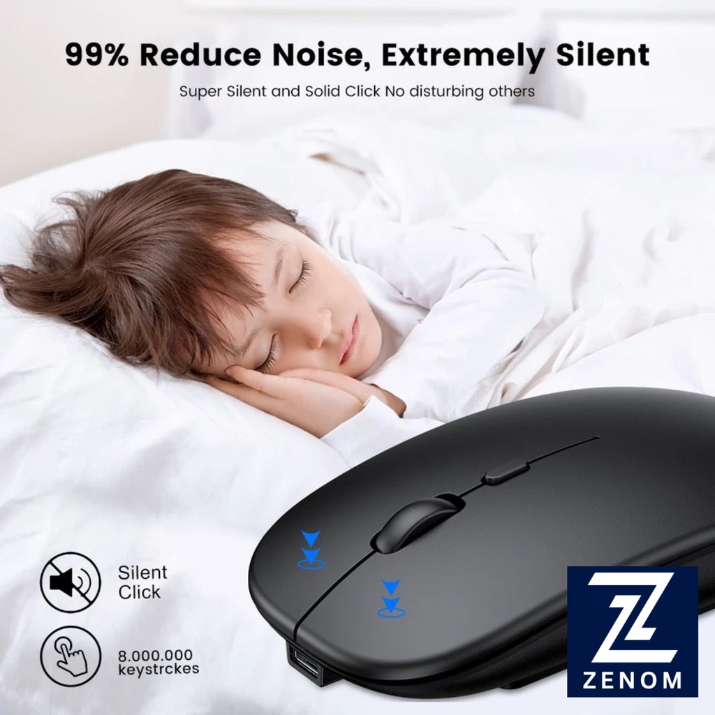 Mouse Wireless ZENOM Lite Rechargeablem Silent Click 2.4Ghz 1600 DPI dengan Receiver USB untuk PC Laptop