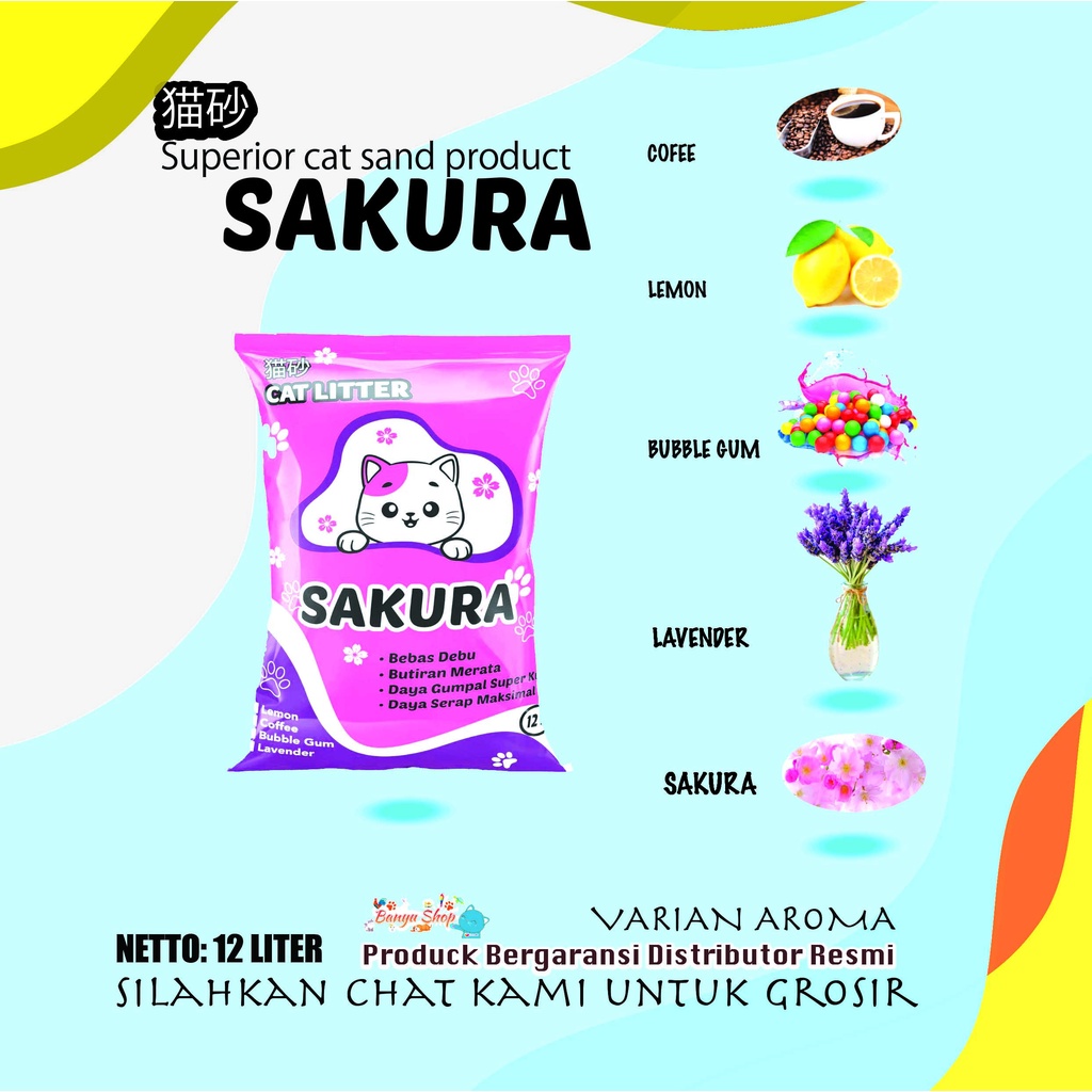 SAKURA 12 LITER-PASIR GUMPAL WANGI UNTUK KUCING-ANTI BAKTERI-ANTI KUMAN-BANYU SHOP