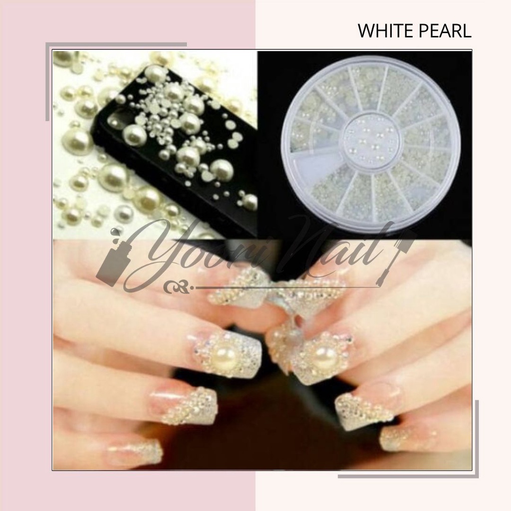 White pearl wheel mutiara putih rhinestones nail art hiasan kuku half pearl